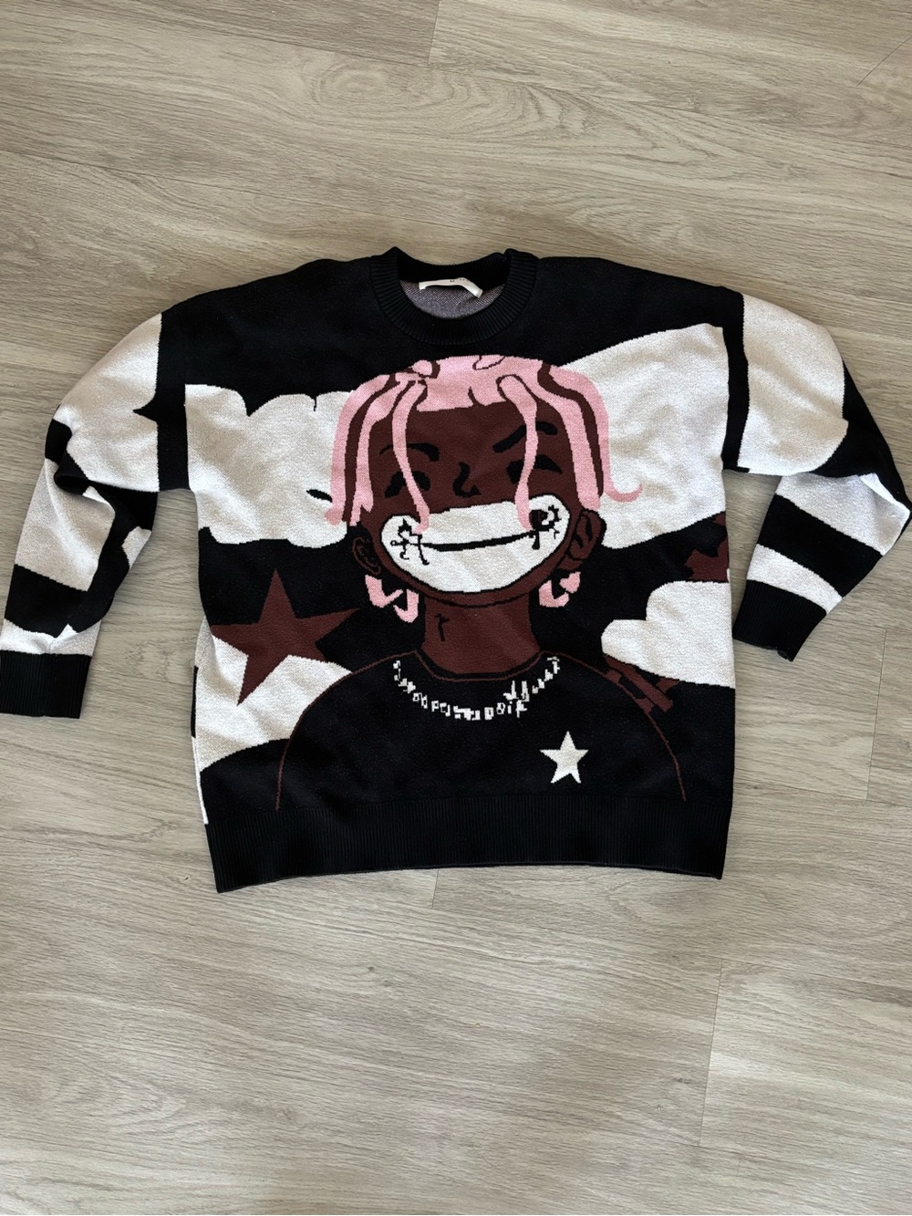 Graphic Crewneck Sweater - Black with Pink Accent